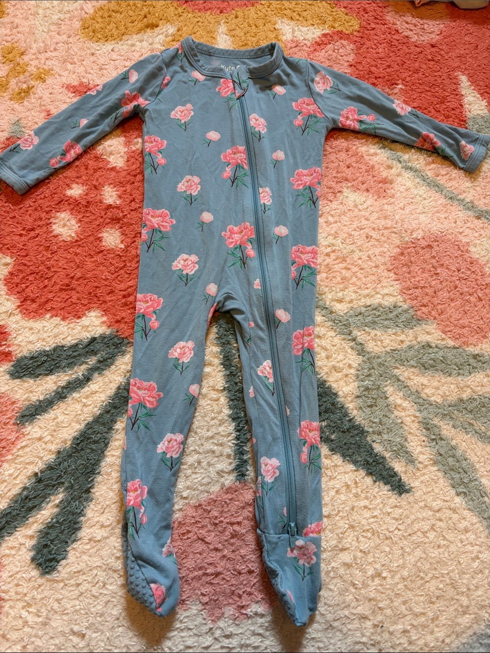 Kyte Baby Blue Floral Zip-Front Footed One-Piece - Blue with Peony Print